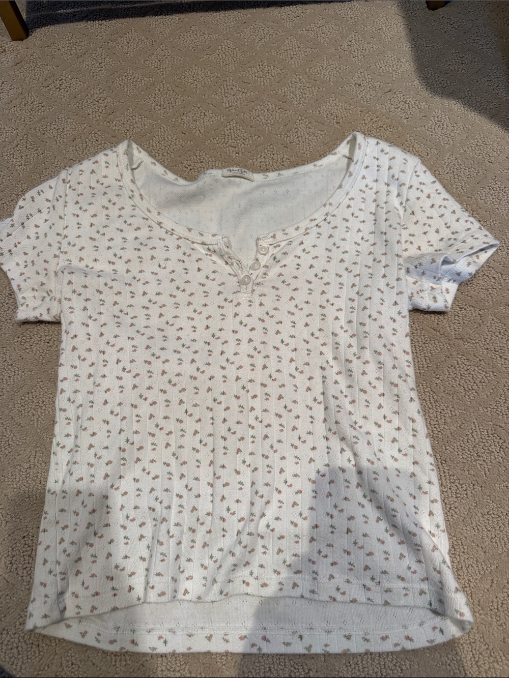 White Floral Ribbed Henley Tee-- Brandy